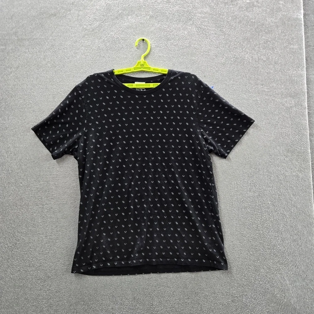 True Religion Men Shirt L Black Graphic All Over Monogram‎ Logo Short Sleeve